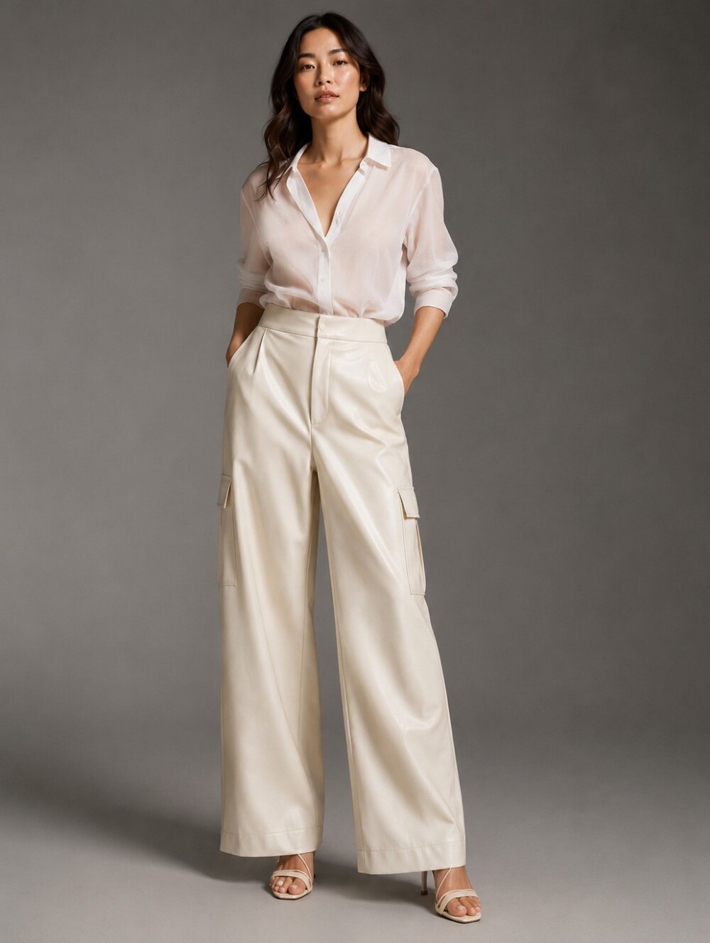 Avec Les Filles Cream Faux Leather Wide-Leg Cargo Pants XS - Picture 1 of 10